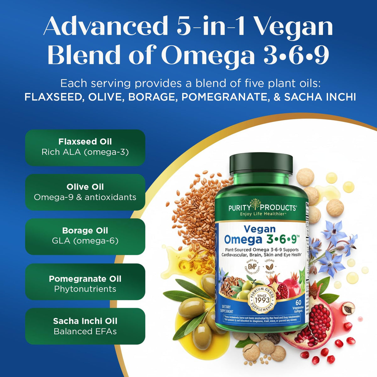 Buy supplements Purity Products Omega 3-6-9 Vegan and Vegetarian Formula - “5 in 1” Essential Fatty Acid Complex - Scientifically Formulated Plant-Based Omega 3 6 9 - Vitaza UK Supplements UK
