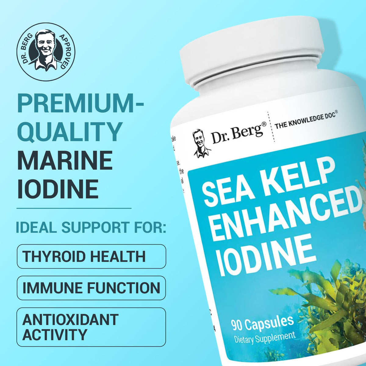 Buy supplements Dr. Berg Sea Kelp Enhanced Iodine - 200 mcg of Premium Iodine - Seaweed Blend Includes Klamath Blue-Green Algae & Sea Kelp - 90 Capsules - Vitaza UK Supplements UK