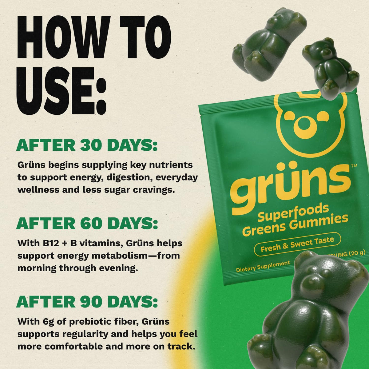Buy supplements Gruns Adult Super Greens Multivitamin Gummies, Superfood Gummy Vitamins for Women and Men with Spirulina, Chlorella - Vitaza UK Supplements UK