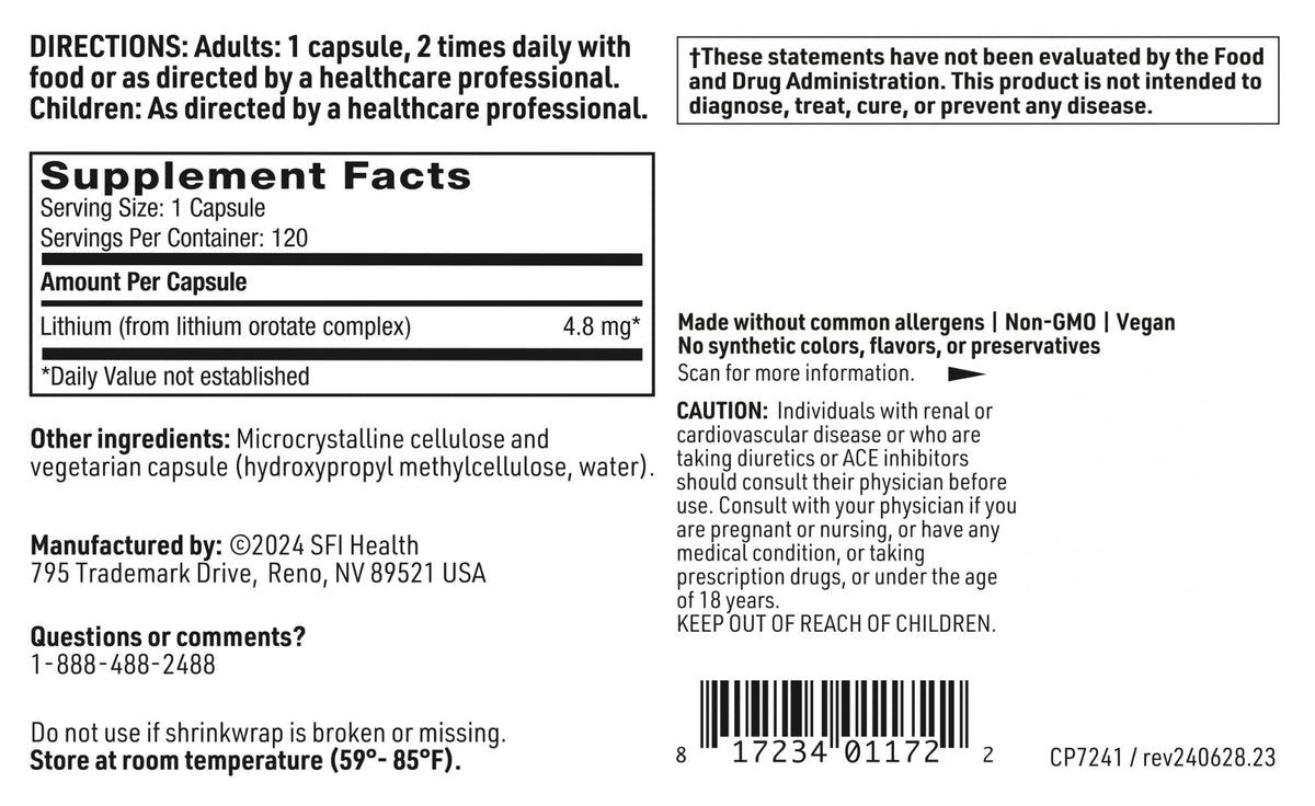 Buy supplements Klaire Labs SFI Health Lithium Orotate 4.8 mg - May Help Balance Mood - Bioavailable Lithium Orotate Supplement - Trace Minerals Promote Focus, Memory - Vitaza UK Supplements UK