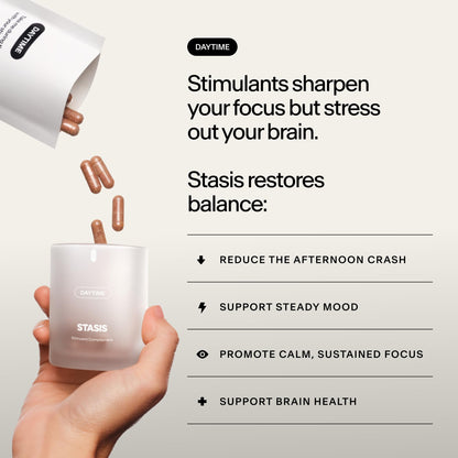 Buy supplements Stasis Daytime Energy & Focus Supplement for Men & Women with Vitamin D3, L Theanine, Ashwagandha & CoQ10, Cognitive Support Capsules for Morning Routines, Vegan, Vitaza UK Supplements UK