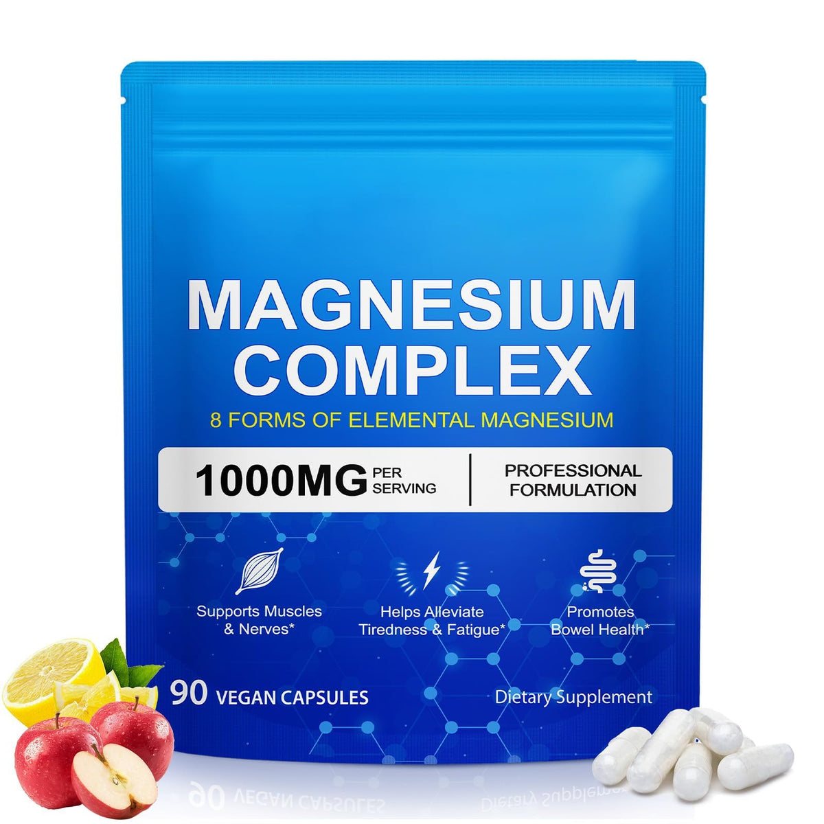 8-in-1 Magnesium Complex 90 Capsules, 1000mg with Magnesium Glycinate, Citrate, Malate, Taurate, Easy Absorption for Health, Energy, Non-GMO, Vegan - Maple Wellness Supplements