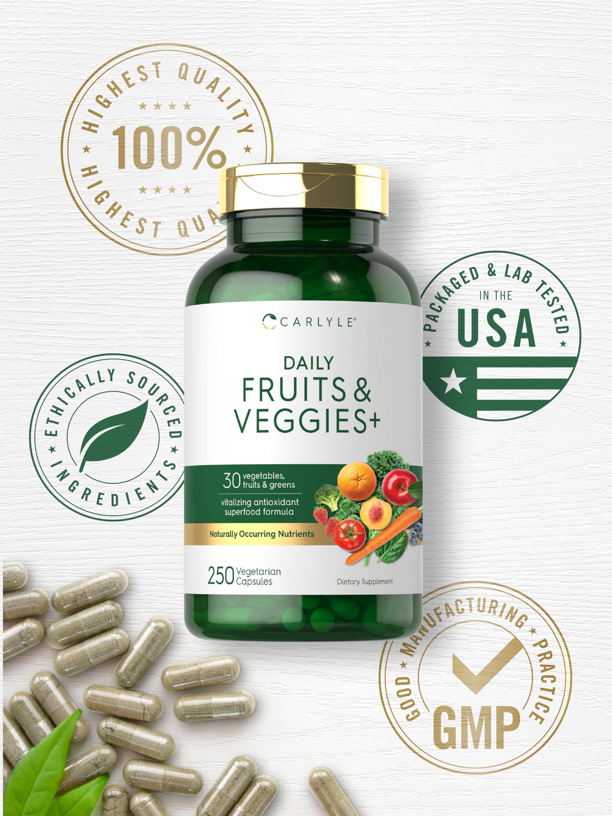 Buy supplements Carlyle Fruits and Veggies Supplement | 250 Capsules | Made with 30 Fruits and Vegetables | Vegetarian, Non-GMO, Gluten Free Superfood Formula - Vitaza UK Supplements UK