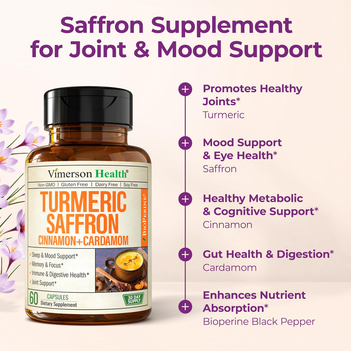 Buy supplements Saffron Supplements – 89mg Saffron Extract, 1000mg Turmeric Curcumin, Ceylon Cinnamon & Cardamom – Daily Mood, Joint & Metabolic Support - Vitaza UK Supplements UK