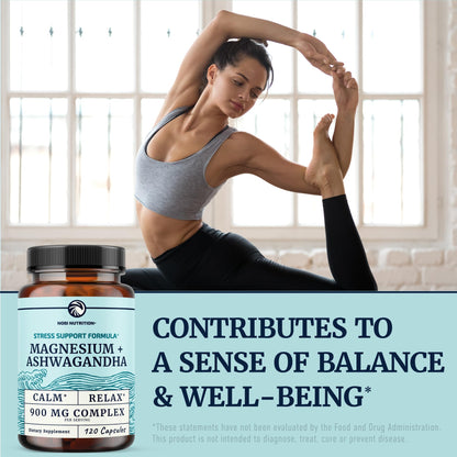 Buy supplements Magnesium Ashwagandha | Calming Magnesium Supplement for Adults | Relax, Rest, Calm Mood & Sleep Support | Mag Citrate & Oxide 400 mg + Ashwagandha 500 mg - Vitaza UK Supplements UK