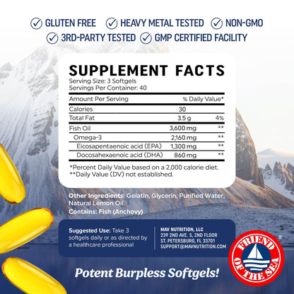Buy supplements Triple Strength DHA Omega 3 Fish Oil 3600 mg | Over 2100mg Omega-3 Fatty Acids with 860mg of DHA | 1300mg EPA | Best Essential Fatty Acids - Vitaza UK Supplements UK