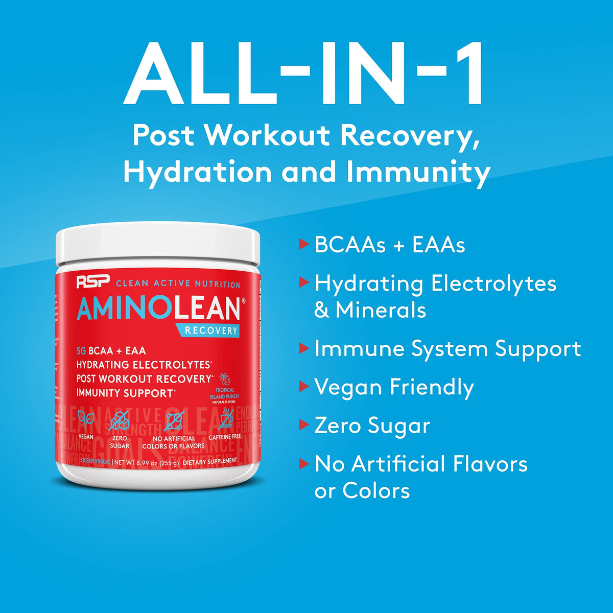 RSP NUTRITION AminoLean Pre Workout Energy (Blue Raspberry 30 Servings) with AminoLean Recovery Post Workout Boost (Tropical Island Punch 30 Servings)