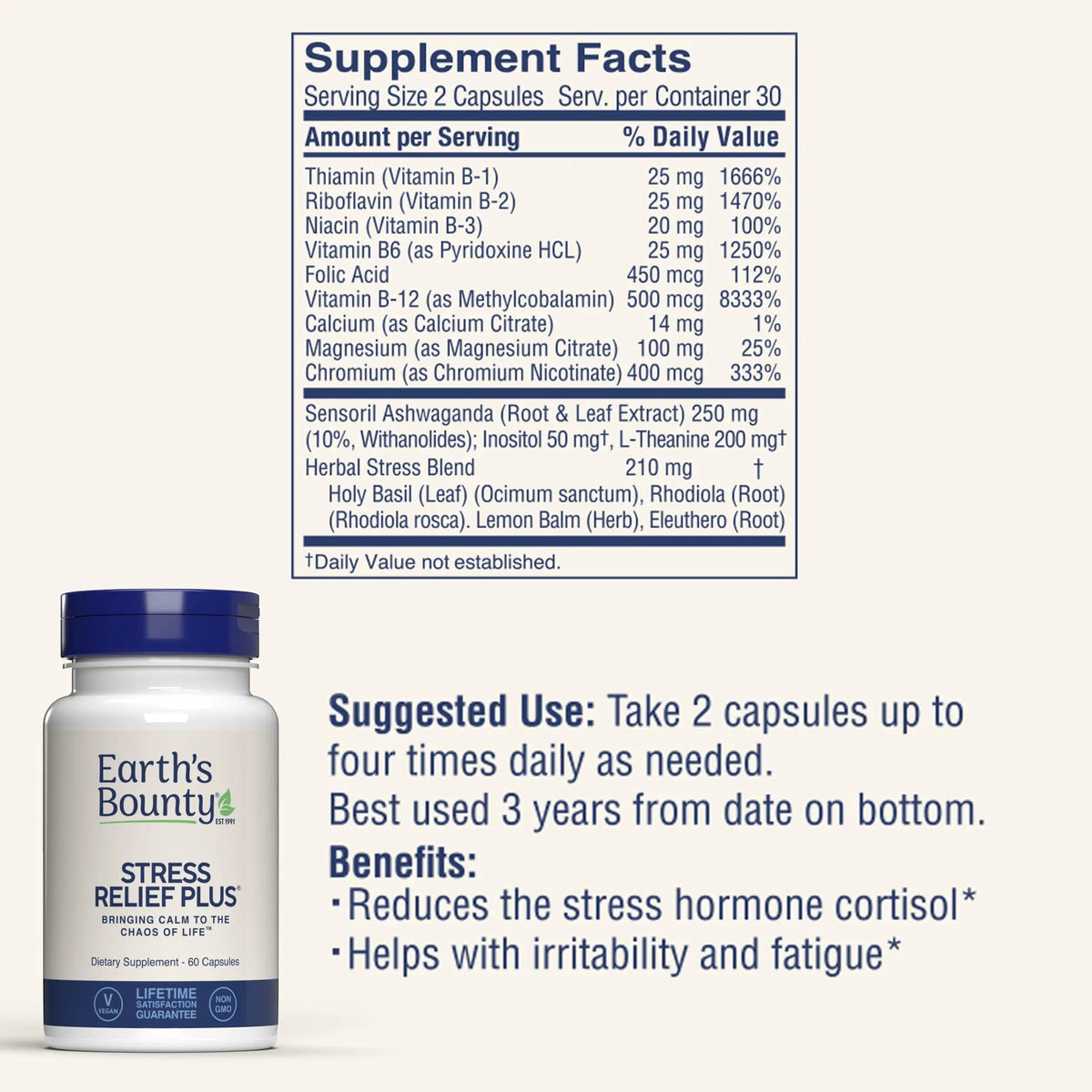 Earth's Bounty - Stress Relief Plus - 60 Vegetarian Capsules - All Natural Formula - Stress Support & Mood Enhancing Supplement Earth's BountyBuy Supplements Australia