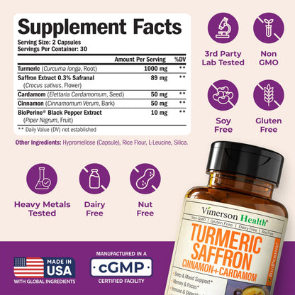 Buy supplements Saffron Supplements – 89mg Saffron Extract, 1000mg Turmeric Curcumin, Ceylon Cinnamon & Cardamom – Daily Mood, Joint & Metabolic Support - Vitaza UK Supplements UK