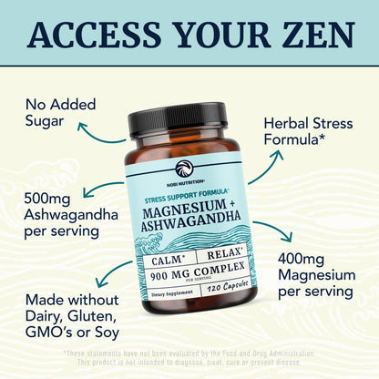 Buy supplements Magnesium Ashwagandha | Calming Magnesium Supplement for Adults | Relax, Rest, Calm Mood & Sleep Support | Mag Citrate & Oxide 400 mg + Ashwagandha 500 mg - Vitaza UK Supplements UK