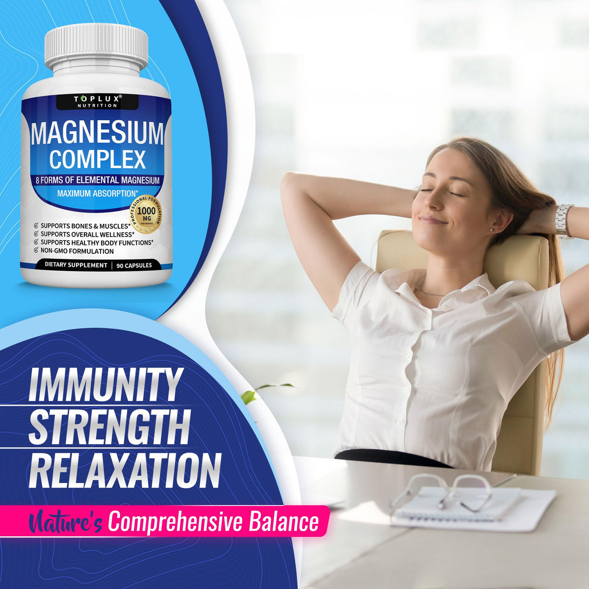 Buy supplements Magnesium Complex Supplement 8 Elemental 1000mg - Magnesium Glycinate, Citrate, Malate, Taurate, Chelated for Easy Absorption for Bones - Vitaza UK Supplements UK