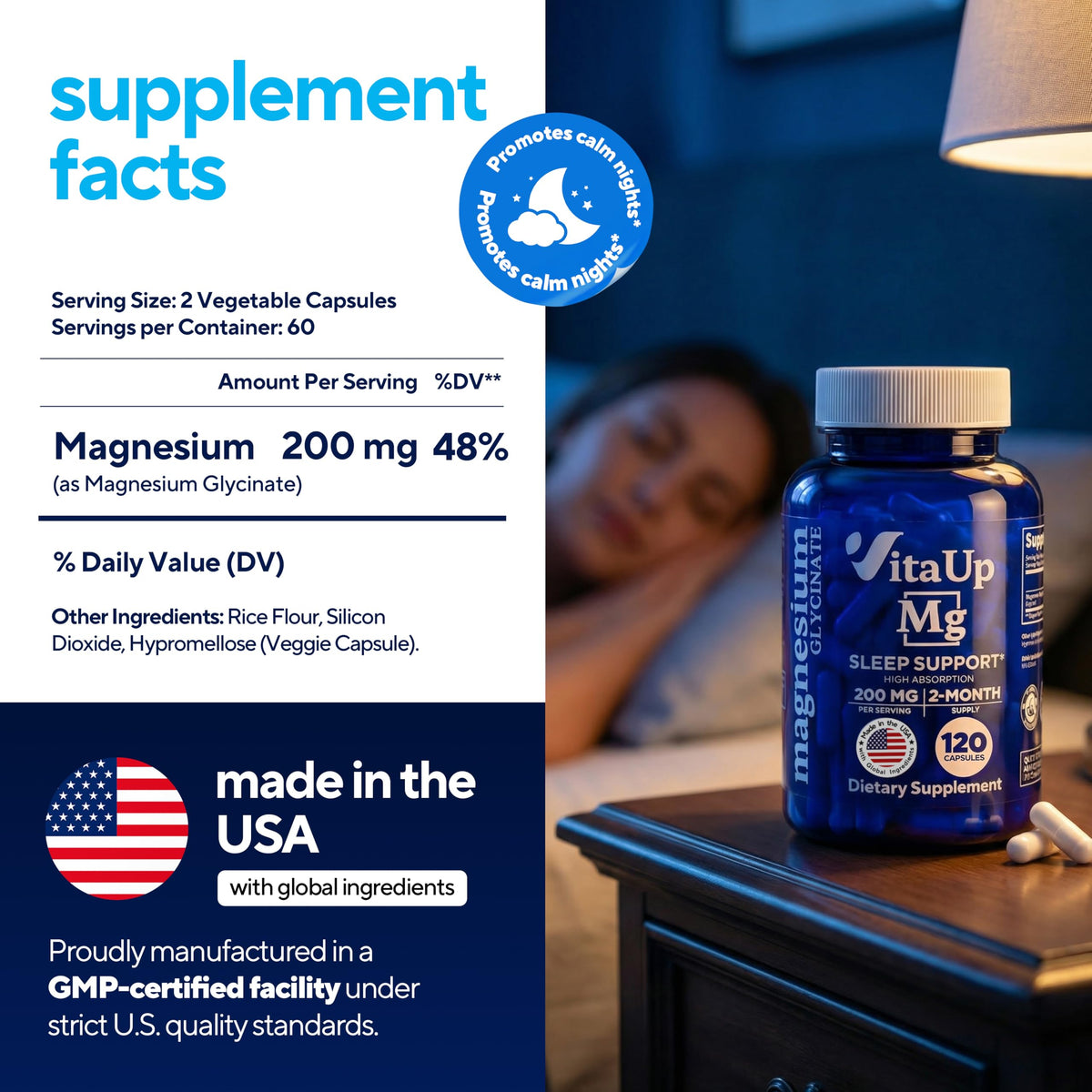 Buy supplements VitaUp Magnesium Glycinate 200mg - USA Made, Highly Absorbed, Non-GMO Magnesium for Relaxation, Deep Sleep, Bones & Heart - Vitaza UK Supplements UK