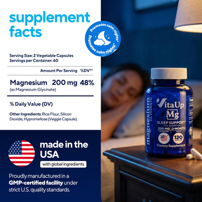 Buy supplements VitaUp Magnesium Glycinate 200mg - USA Made, Highly Absorbed, Non-GMO Magnesium for Relaxation, Deep Sleep, Bones & Heart - Vitaza UK Supplements UK