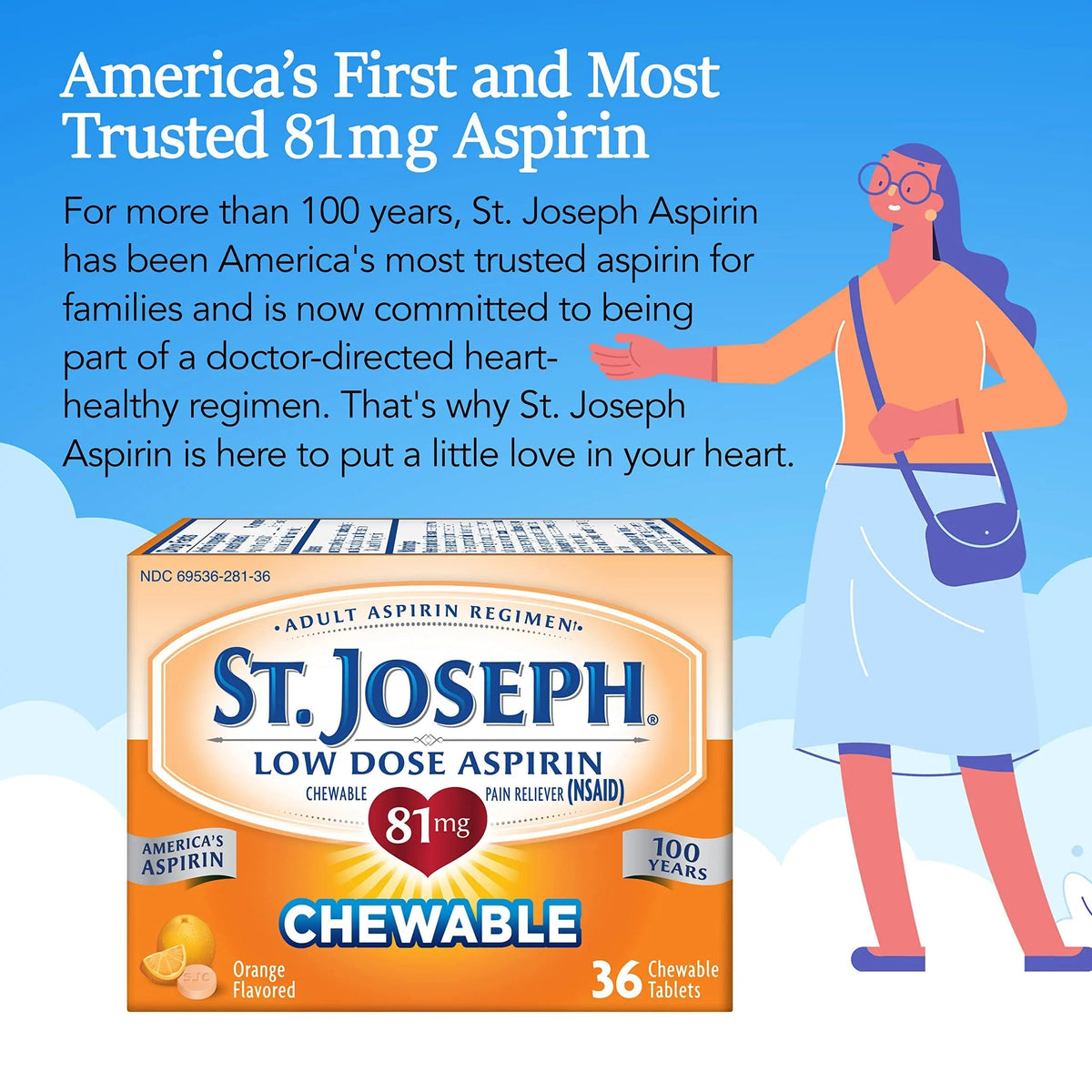 St. Joseph Aspirin Pain Reliever (NSAID) 81mg, Chewable Orange Tablets, Adult Low Dose Regimen, 36 ct St. JosephBuy Supplements Australia