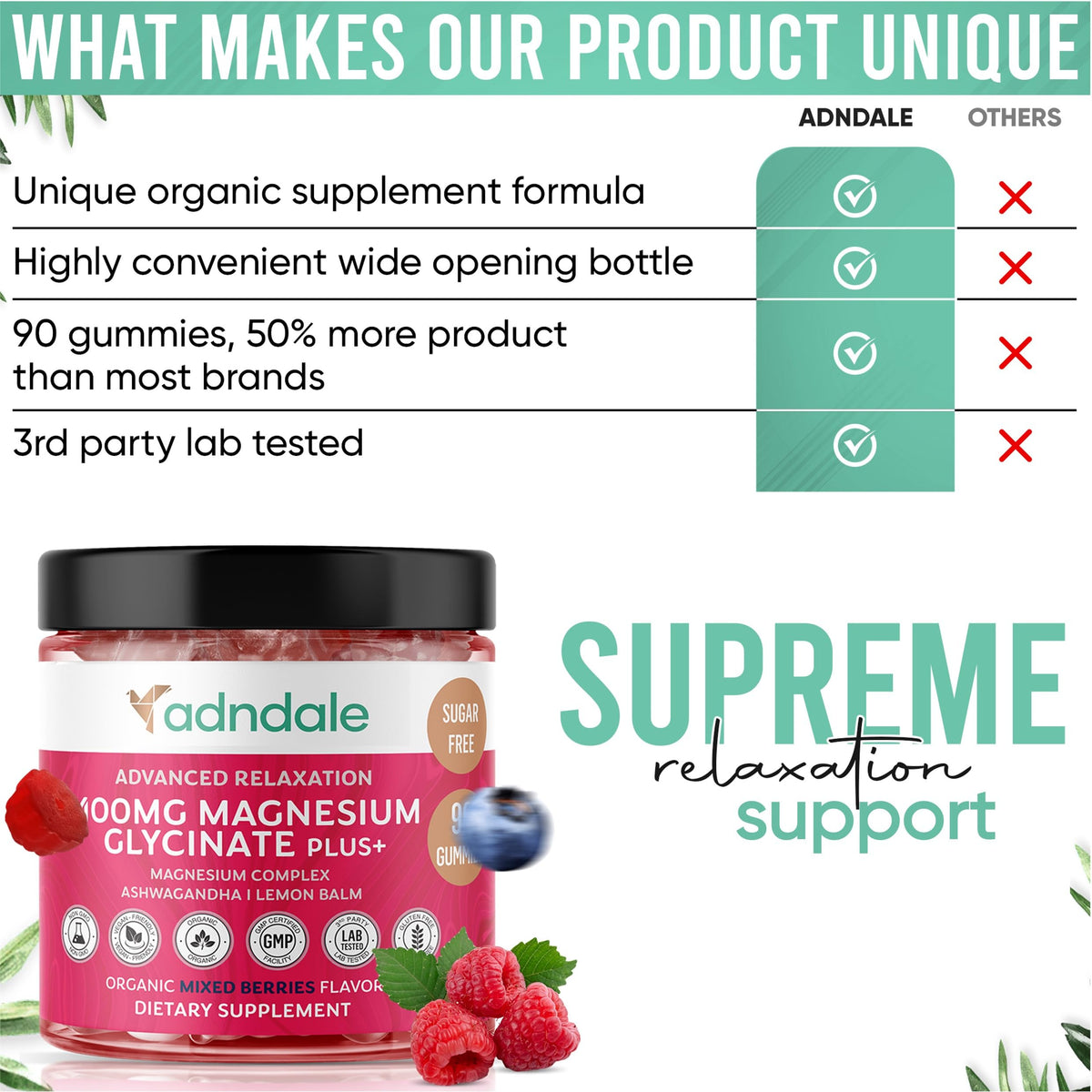 Buy supplements Adndale 90 CT Magnesium Glycinate 400 mg Gummies with Ashwagandha, Magnesium Malate & Taurate, Sugar Free Magnesium Gummies - Vitaza UK Supplements UK