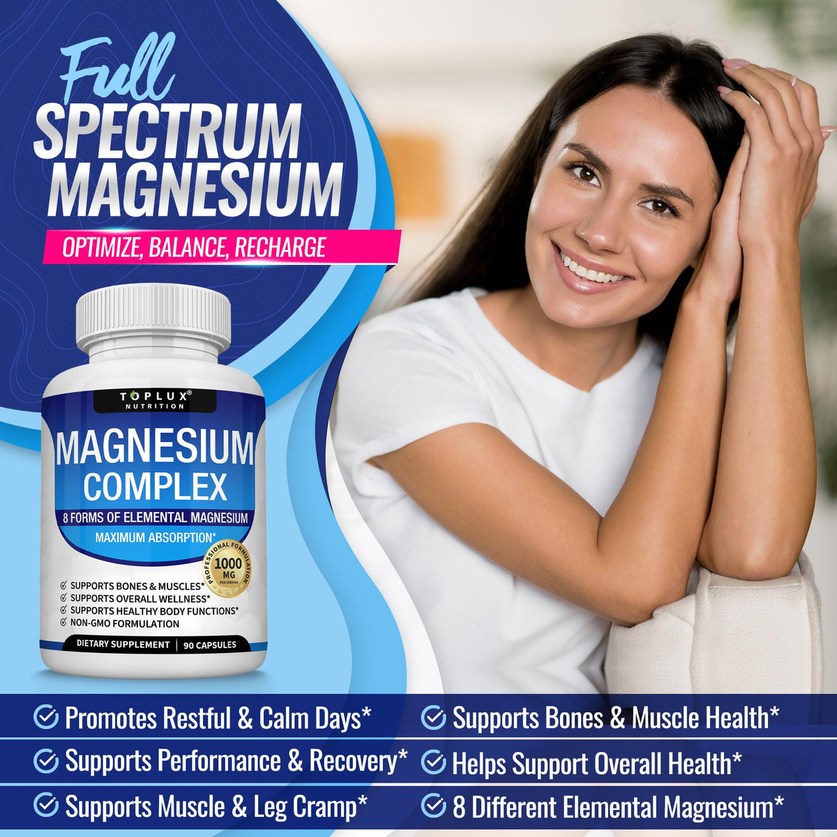 Buy supplements Magnesium Complex Supplement 8 Elemental 1000mg - Magnesium Glycinate, Citrate, Malate, Taurate, Chelated for Easy Absorption for Bones - Vitaza UK Supplements UK