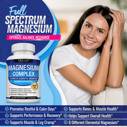 Buy supplements Magnesium Complex Supplement 8 Elemental 1000mg - Magnesium Glycinate, Citrate, Malate, Taurate, Chelated for Easy Absorption for Bones - Vitaza UK Supplements UK