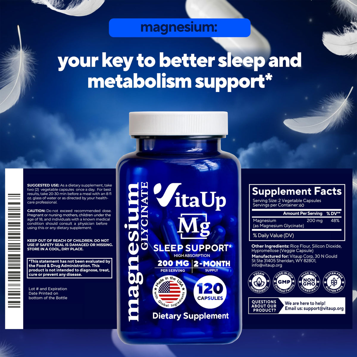Buy supplements VitaUp Magnesium Glycinate 200mg - USA Made, Highly Absorbed, Non-GMO Magnesium for Relaxation, Deep Sleep, Bones & Heart - Vitaza UK Supplements UK