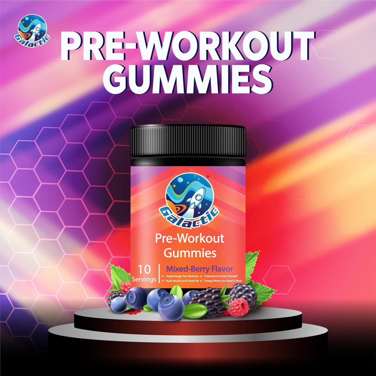 Galactic Pre-Workout Gummies, All Natural, 250mg Caffeine, Beta-Alanine, L-Citrulline, L-Theanine, Chromium Picolinate, 10 Servings