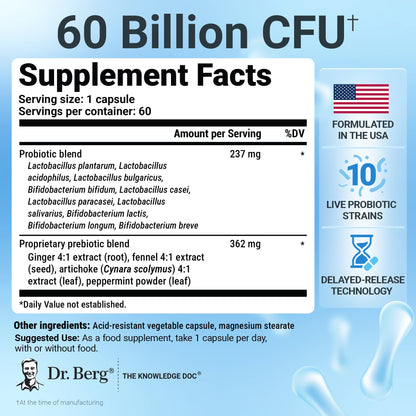 Buy supplements Dr. Berg Probiotic Supplement (60 Billion CFUs) - Helps Ease Occasional Constipation, Diarrhea, Gas & Bloating* - Pre and Probiotics for Digestive Health - Vitaza UK Supplements UK