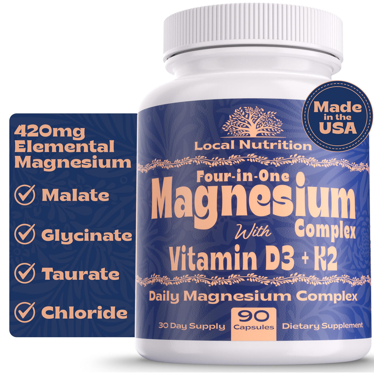 Buy supplements Local Nutrition Magnesium Complex 420mg with Vitamin D3 K2 - Four Bioavailable Forms Including Bisglycinate (Glycinate), Malate, Taurate, and Chloride - Vitaza UK Supplements UK