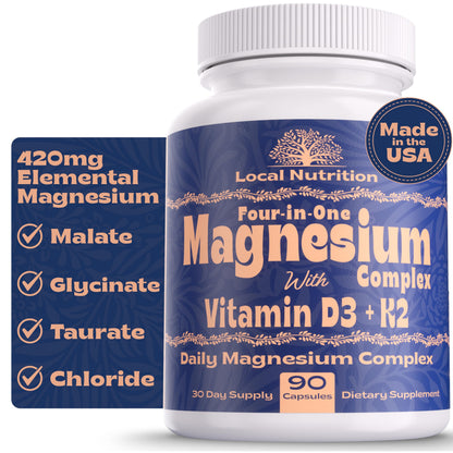 Buy supplements Local Nutrition Magnesium Complex 420mg with Vitamin D3 K2 - Four Bioavailable Forms Including Bisglycinate (Glycinate), Malate, Taurate, and Chloride - Vitaza UK Supplements UK