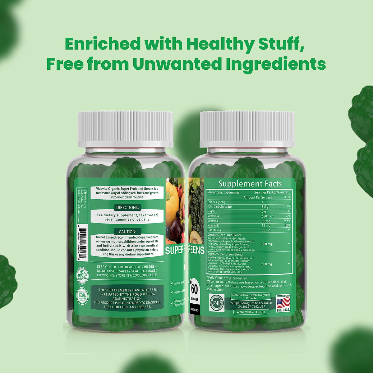 Buy supplements VIDAVITE Sugar-free Super Greens Gummies — US-Made, 35+ Fruit and Veggie gummies to Boost Immunity, Skin & Gut Health — Ideal Fruits and Vegetables Supplement - Vitaza UK Supplements UK