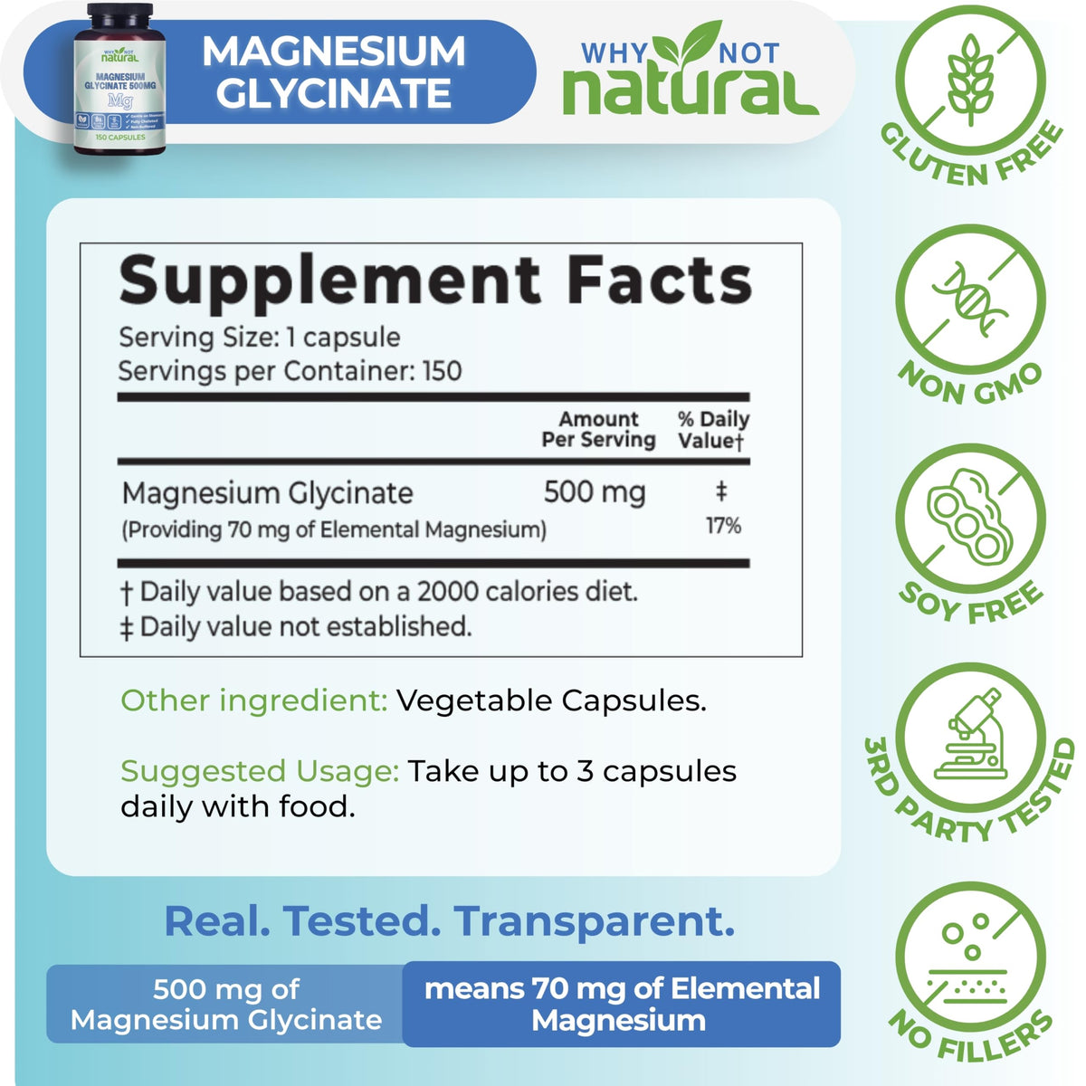 Buy supplements Why Not Natural Magnesium Glycinate 500 mg Capsules Supplement - Vegan, No Filler - Supports Sleep and Relaxation - Vitaza UK Supplements UK