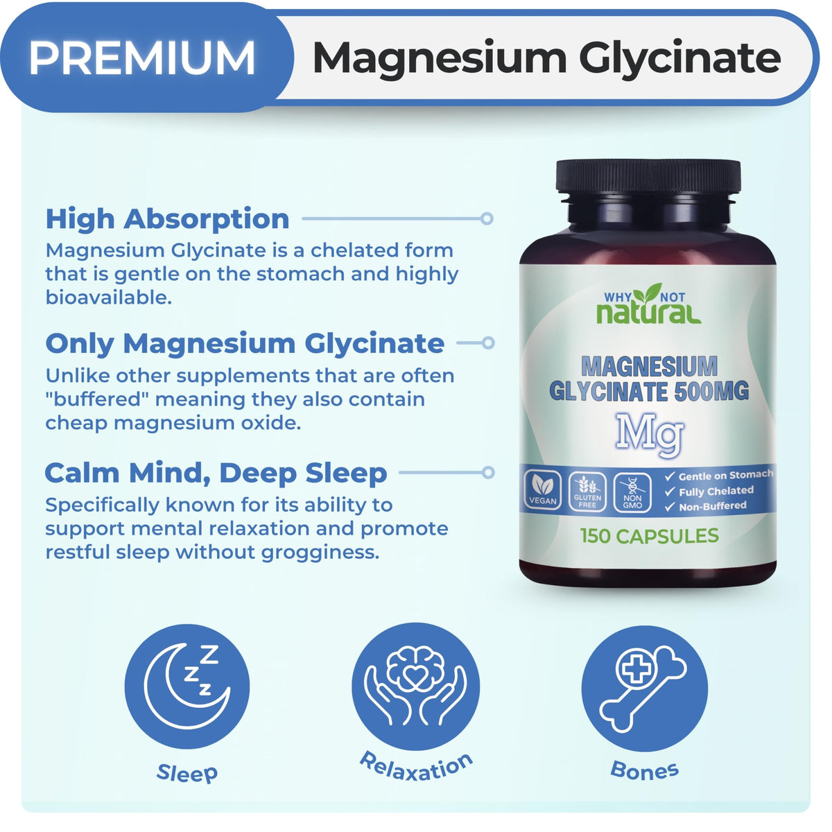 Buy supplements Why Not Natural Magnesium Glycinate 500 mg Capsules Supplement - Vegan, No Filler - Supports Sleep and Relaxation - Vitaza UK Supplements UK