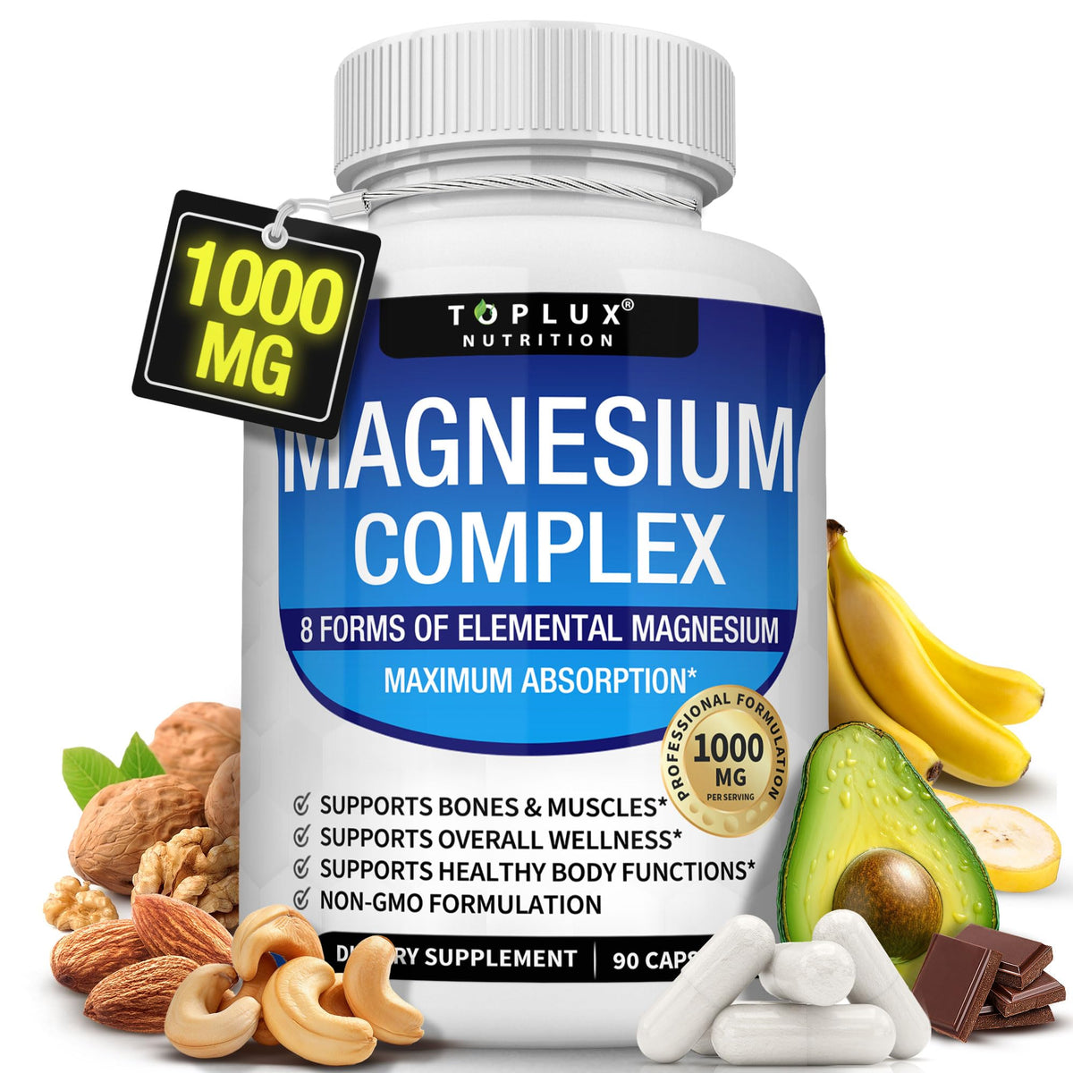 Buy supplements Magnesium Complex Supplement 8 Elemental 1000mg - Magnesium Glycinate, Citrate, Malate, Taurate, Chelated for Easy Absorption for Bones - Vitaza UK Supplements UK