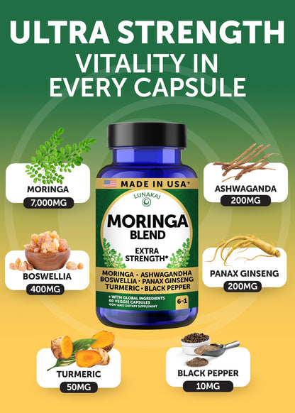 Buy supplements Lunakai USA Made Pure Moringa Capsules – Advanced Moringa Leaf Extract Supplement with Ashwagandha, Boswellia - Vitaza UK Supplements UK