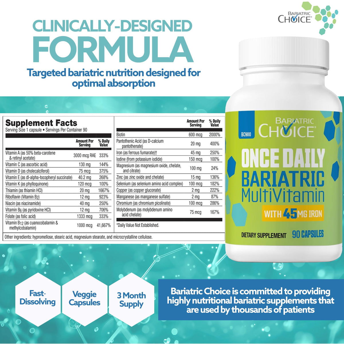 Buy supplements Bariatric Choice Once-Daily Bariatric Multivitamin with 45 mg of Iron | Easy to Swallow Capsule | Vitamin for Bariatric Surgery Patients - Vitaza UK Supplements UK