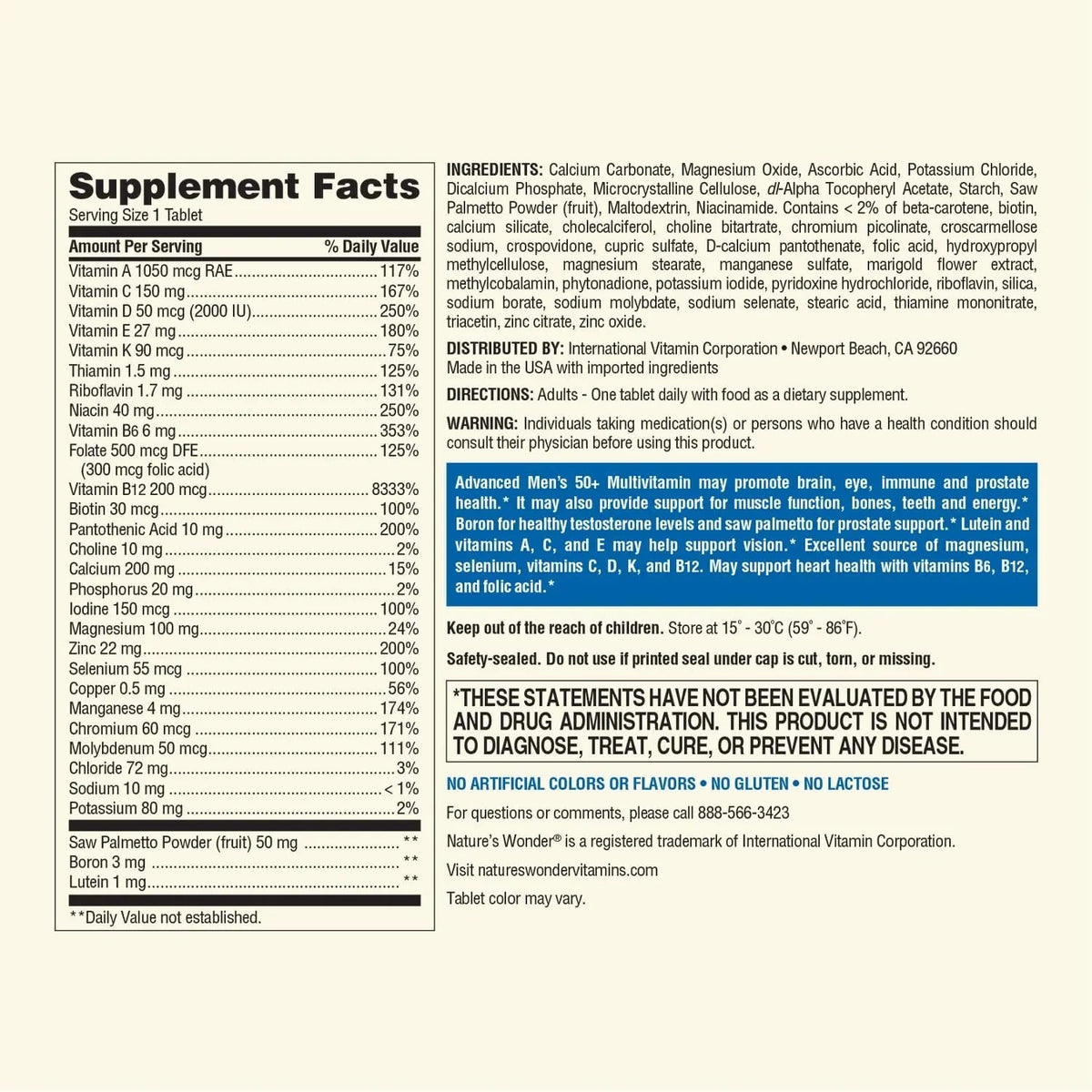 Nature's Wonder Advanced Men's 50+ Multivitamin/Multimineral Supplement with Vitamin D3 and B Vitamins 120 Tablets, 120 Day Supply Nature's WonderBuy Supplements Australia