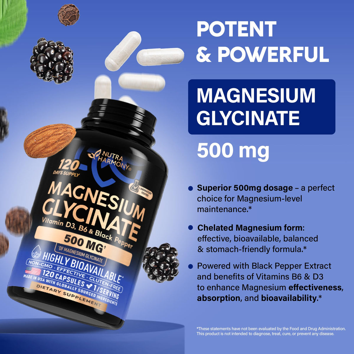 Buy supplements Magnesium Glycinate 500 mg - Chelated Supplement - High Absorption Form of Magnesium - Support for Sleep, Muscle & Heart Health - Vitaza UK Supplements UK