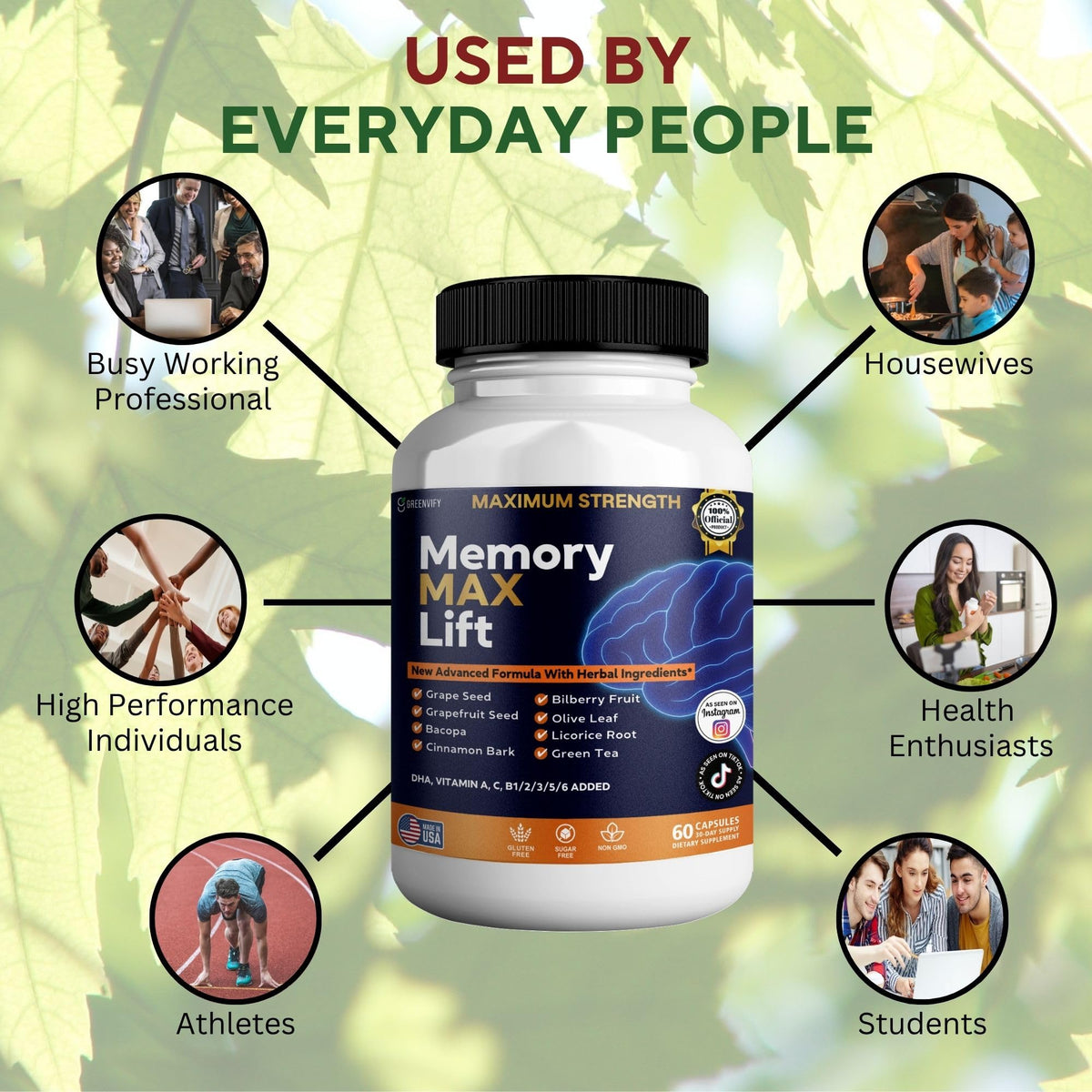 GREENVIFY Memory MAX Lift Brain Support Supplement, 60 Capsules, with Vitamins and Herbal Blend, 30 Day Supply (1) GREENVIFYBuy Supplements Australia
