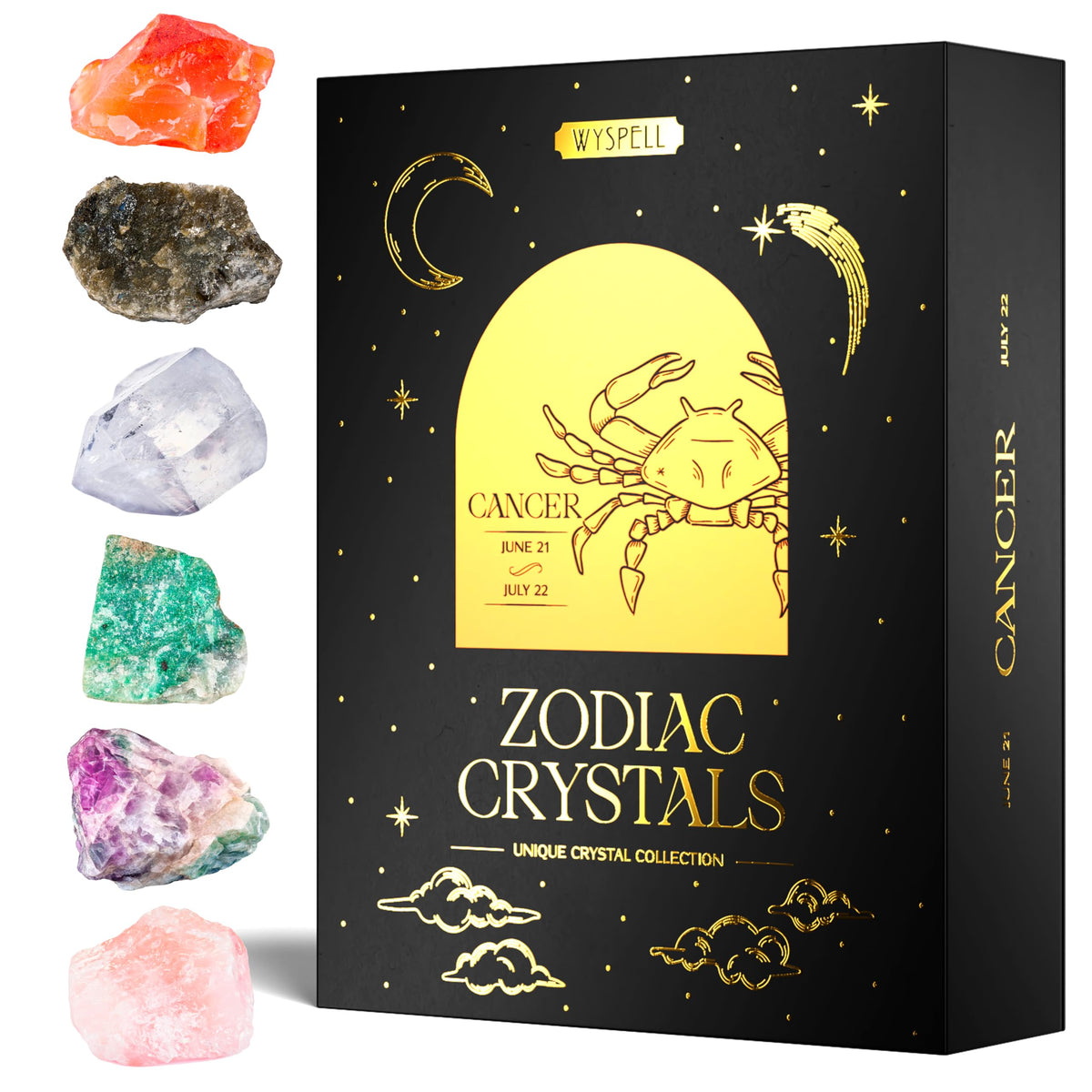 Wyspell Cancer Crystal Set - 6 Raw Cancer Crystals and Healing Stones - Cancer Zodiac Gifts for Women