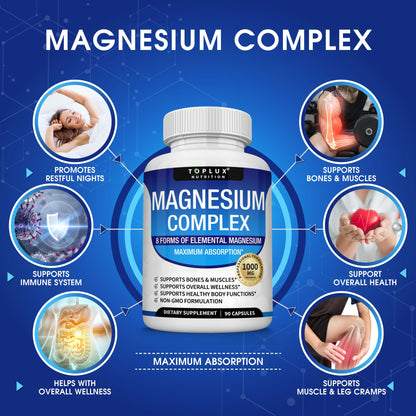 Buy supplements Magnesium Complex Supplement 8 Elemental 1000mg - Magnesium Glycinate, Citrate, Malate, Taurate, Chelated for Easy Absorption for Bones - Vitaza UK Supplements UK