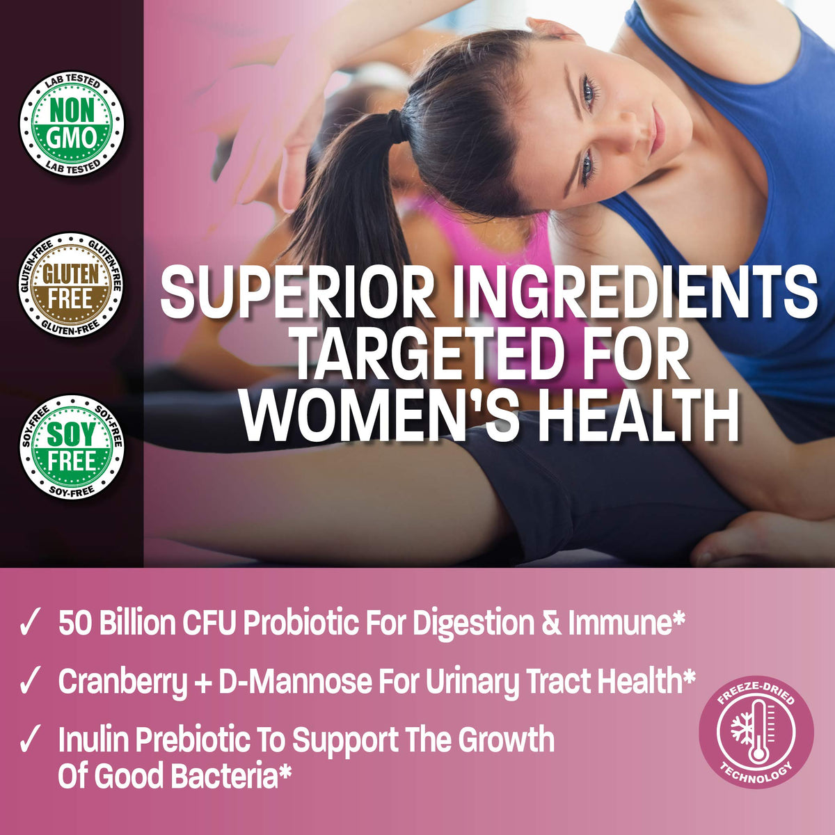 Buy supplements Bronson Women's Probiotic 50 Billion CFU + Prebiotic with Cranberry & D-Mannose – Vaginal Health, Healthy Digestion, Immune Function and Urinary Tract Support, Non-GMO, 60 Vegetarian Capsules - Vitaza UK Supplements UK