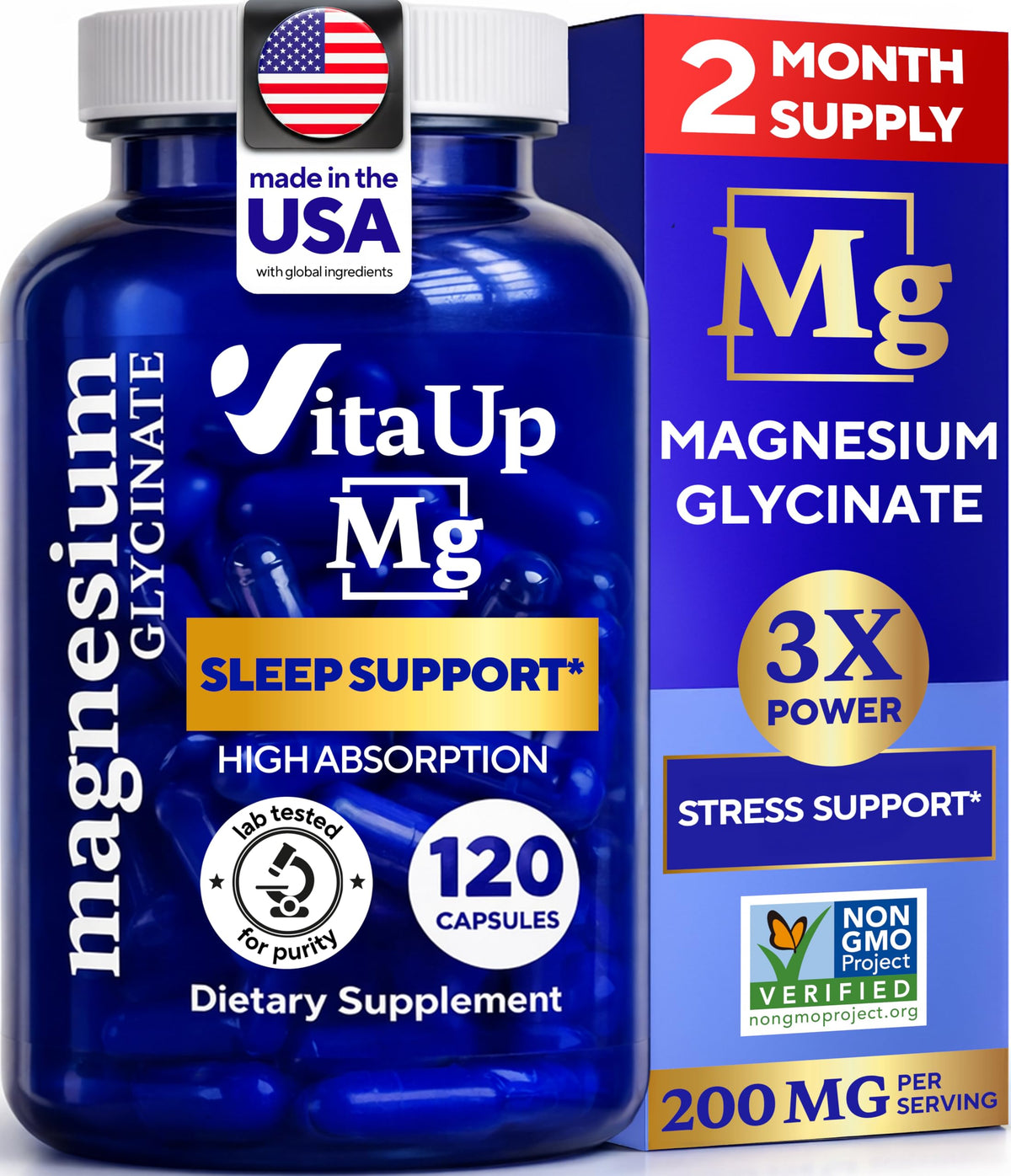 Buy supplements VitaUp Magnesium Glycinate 200mg - USA Made, Highly Absorbed, Non-GMO Magnesium for Relaxation, Deep Sleep, Bones & Heart - Vitaza UK Supplements UK