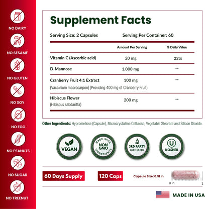 Buy supplements ForestLeaf D Mannose Supplements for Women & Men - D-Mannose 1000mg Capsules with Cranberry, Hibiscus & VIT C - DMannose Pills for UTI - Vitaza UK Supplements UK