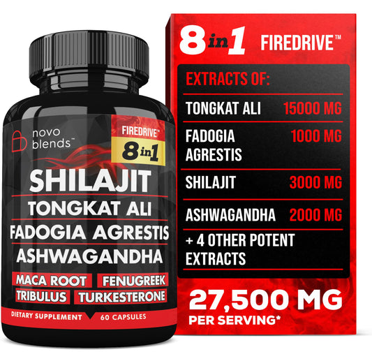 Shilajit 3000mg Tongkat Ali 15,000mg Fadogia Agrestis 1000mg Maca Root 2000mg Ashwagandha 4000mg Fenugreek 1500mg Tribulus Terrestris 500mg Turkesterone 500mg, 8-in-1 Supplement Blend for Men Novo BlendsBuy Supplements Australia