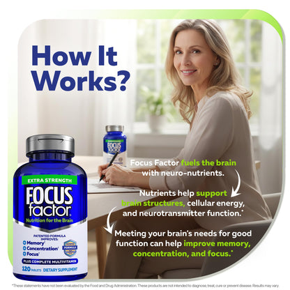 Buy supplements Focus Factor Adults Extra Strength, 120 Count - Brain Supplement for Memory, Concentration and Focus - Complete Multivitamin with DMAE - Vitaza UK Supplements UK