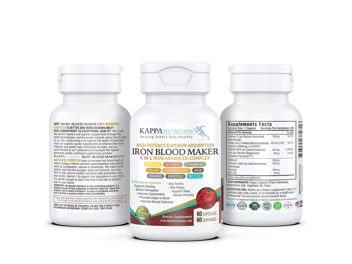 Buy supplements KAPPA NUTRITION Iron 26mg, Vitamin C & Orange 150mg, Folate 667mcg DFE, Vitamin B12, Beetroot, Brewers Yeast, Broccoli & MCT Oil - Vitaza UK Supplements UK