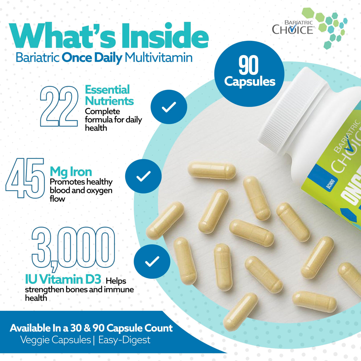 Buy supplements Bariatric Choice Once-Daily Bariatric Multivitamin with 45 mg of Iron | Easy to Swallow Capsule | Vitamin for Bariatric Surgery Patients - Vitaza UK Supplements UK