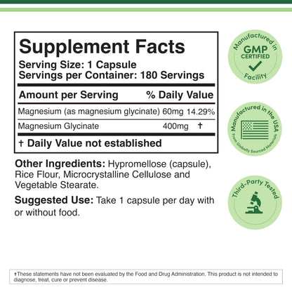 Buy supplements Magnesium Glycinate 400mg | 180 Capsules | Sleep, Muscle, & Heart Support | Vegan, Third Party Tested, Gluten Free - Vitaza UK Supplements UK