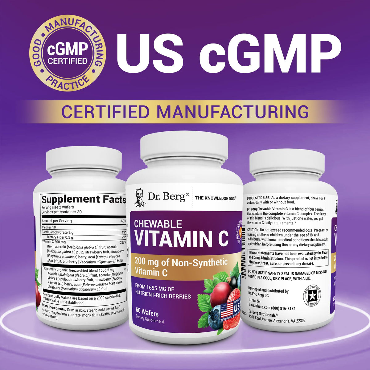 Buy supplements Dr. Berg Chewable Vitamin C Complex - Made with Organic, Non-GMO Berries - 60 Delicious Wafers - Vitaza UK Supplements UK