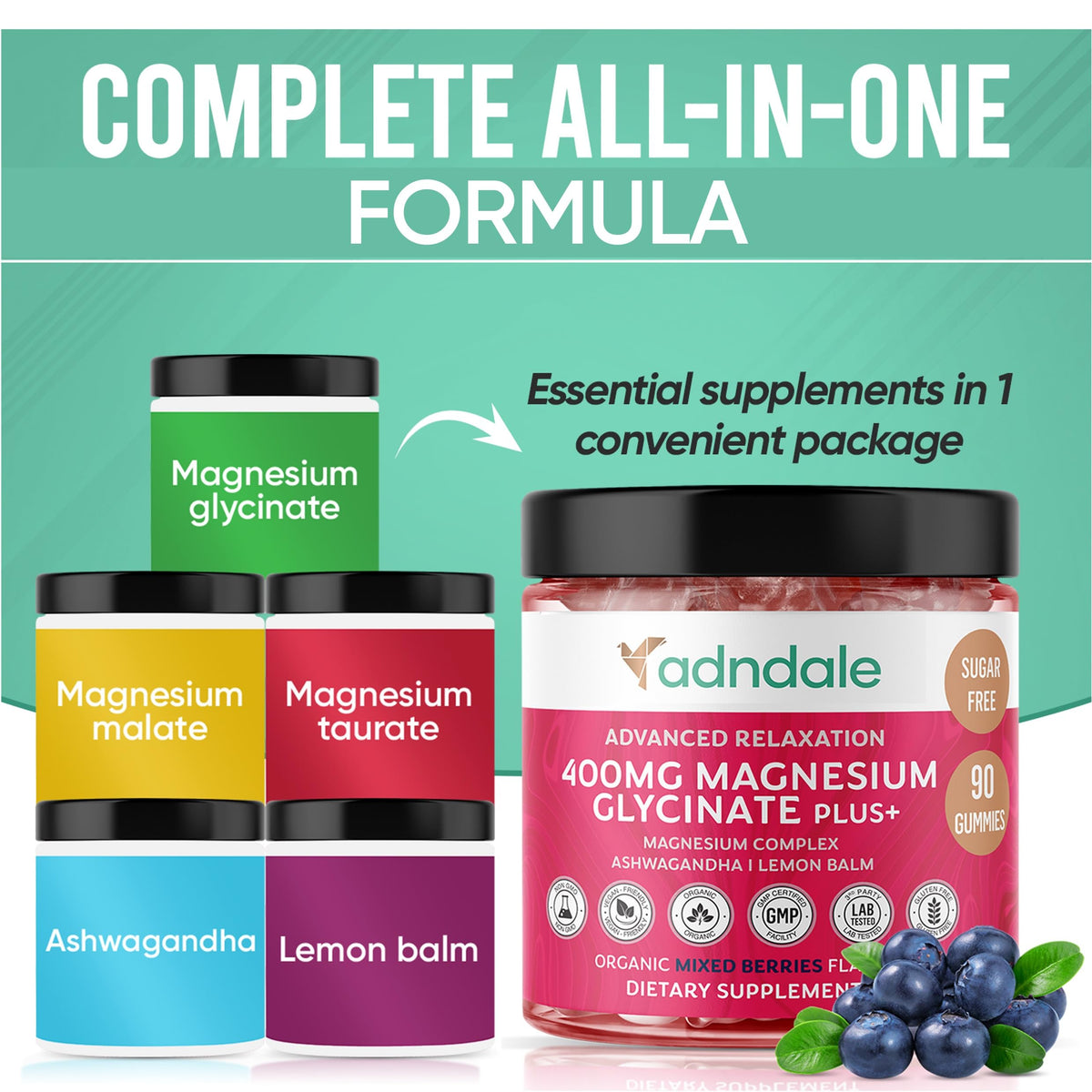 Buy supplements Adndale 90 CT Magnesium Glycinate 400 mg Gummies with Ashwagandha, Magnesium Malate & Taurate, Sugar Free Magnesium Gummies - Vitaza UK Supplements UK