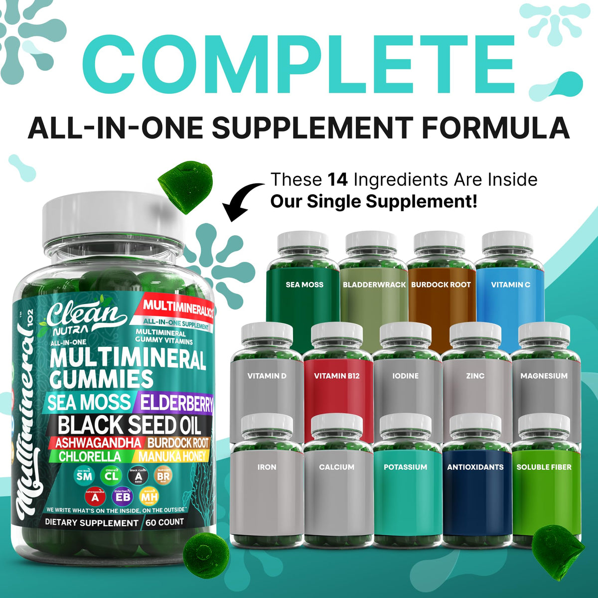 Buy supplements Sea Moss Gummies | Clinically Tested - Black Seed Oil Ashwagandha Elderberry Burdock Root Chlorella Manuka Honey - Vegan Irish Sea Moss Gummy Vitamins - Vitaza UK Supplements UK
