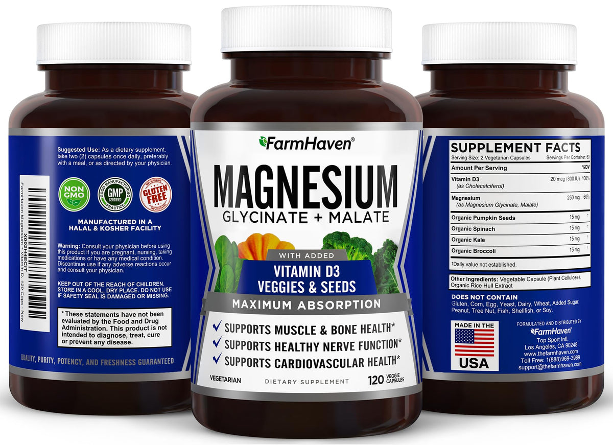 Buy supplements FarmHaven Magnesium Complex –Magnesium Glycinate & Malate w/Vitamin D3, 100% Chelated for Max Absorption, Vegetarian – Bone Health - Vitaza UK Supplements UK