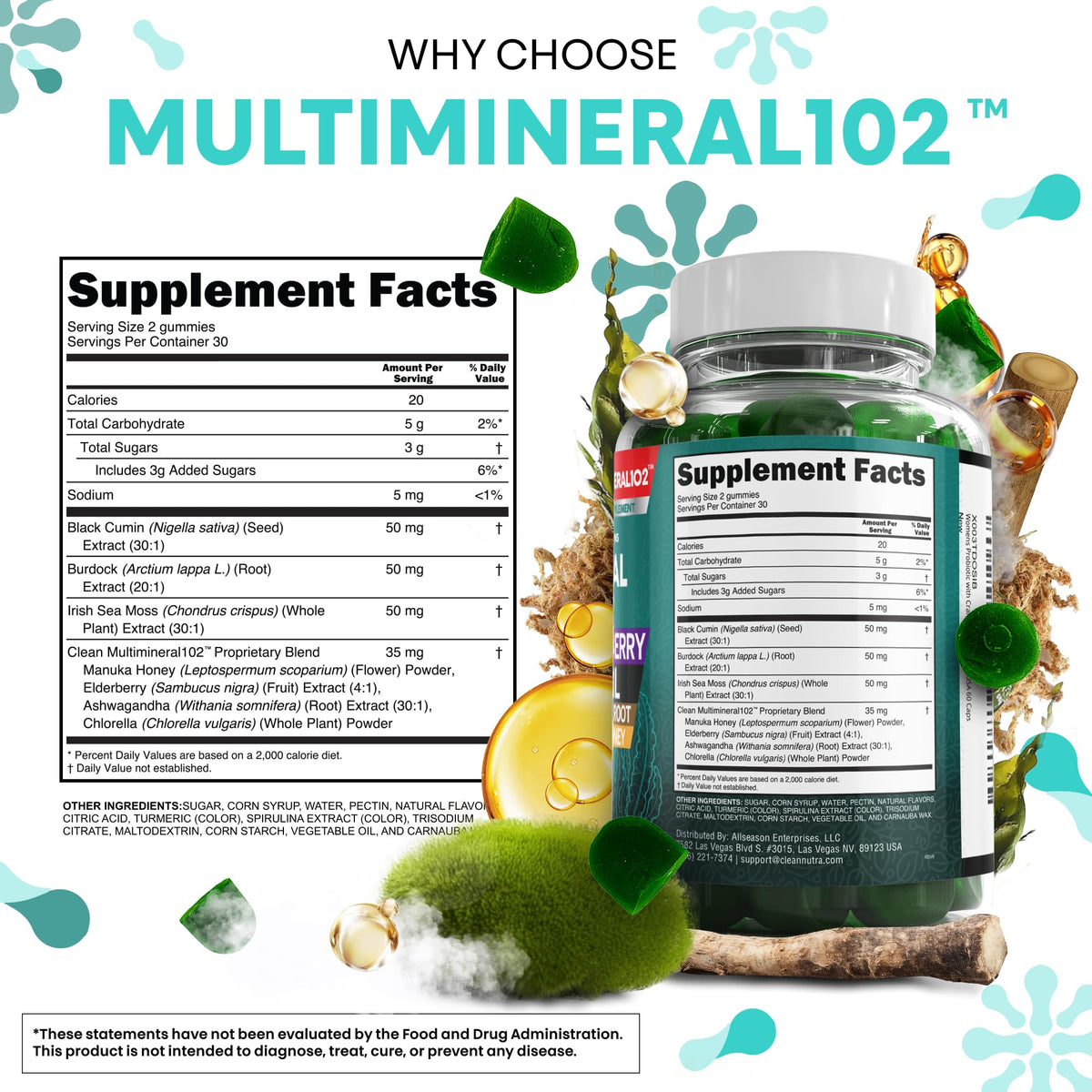 Buy supplements Sea Moss Gummies | Clinically Tested - Black Seed Oil Ashwagandha Elderberry Burdock Root Chlorella Manuka Honey - Vegan Irish Sea Moss Gummy Vitamins - Vitaza UK Supplements UK